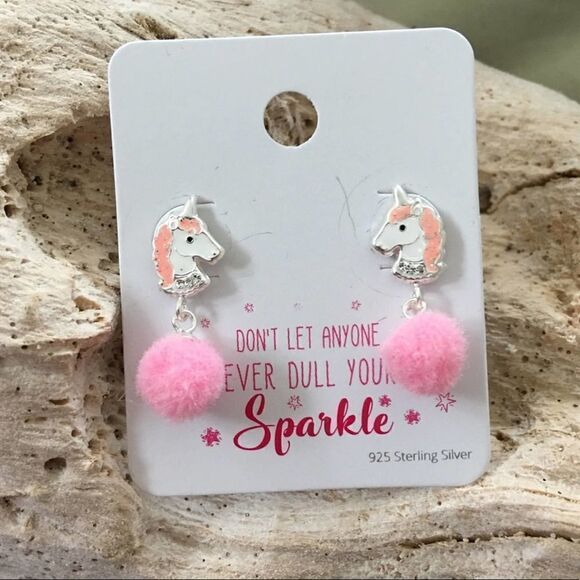 Unicorn Sterling Silver Pom Pom Earrings - Picture 2 of 4